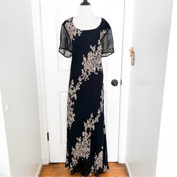 Eva Blue Dresses & Skirts - Vintage Black Maxi Dress with Beige Floral Pattern and Black Beaded Accents